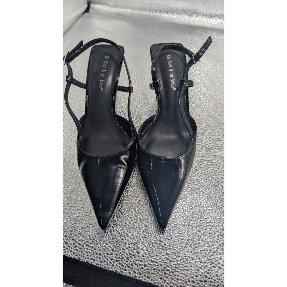 On Feet & In Love Black Patent Slingback Heel Pointed Toe Stiletto Pumps Size 39